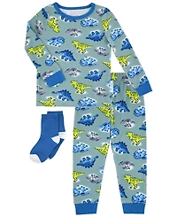 Max & Olivia Baby and Toddler Boys 2-Piece Dinosaur Pajama with Socks Set