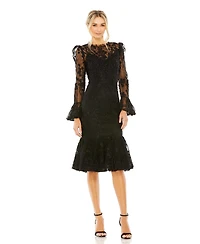 Mac Duggal Women's Ruffle Wrist Embellished High Neck Midi Dress