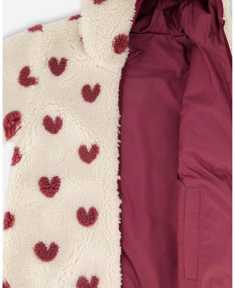 Deux par Girl Reversible Mid-Season Sherpa Jacket Burgundy Heart - Child