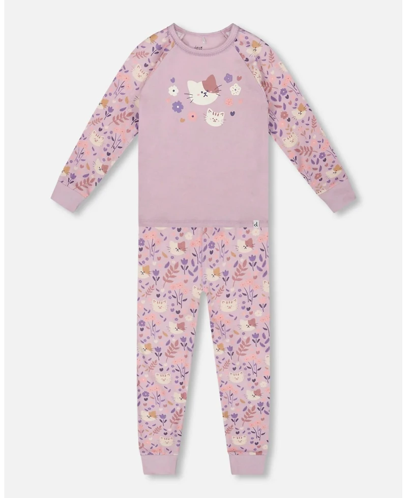 Deux par Toddler Girls Cotton Two-Piece Pajamas Lilac Cat Print - Toddler|Child