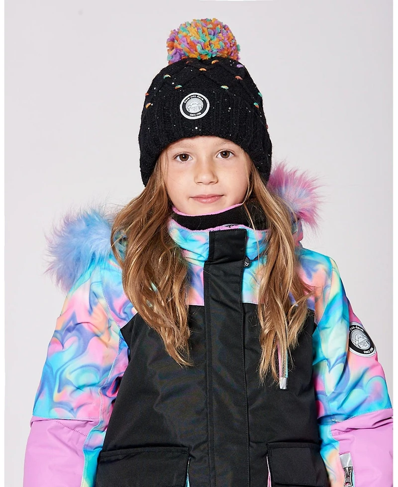 Deux par Girl Lined Knit Pompom Hat Black and Multicolor with Little Sequins - Toddler|Child