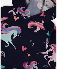 Deux par Girl Pullover Fleece Hoodie Navy Unicorn Print