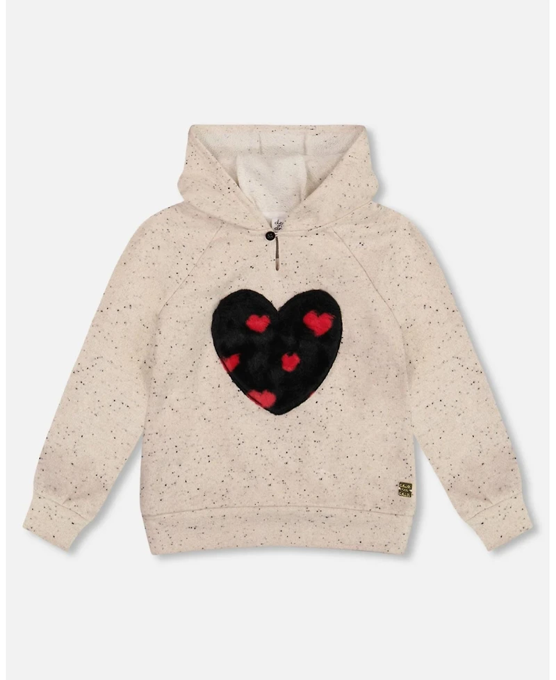 Deux par Girl Glittering Beige French Terry Hoodie with Heart Applique - Toddler|Child