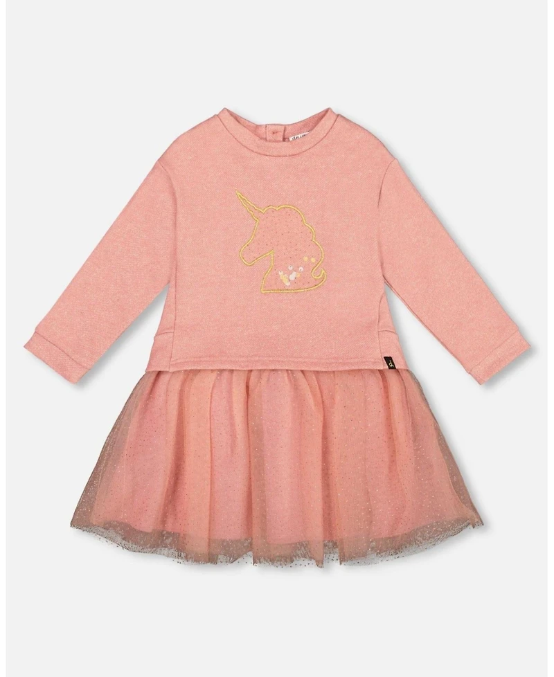 Deux par Girl Bi-Material Dress Dusty Pink with Mesh Skirt and Unicorn