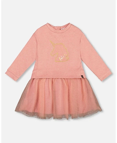 Deux par Girl Bi-Material Dress Dusty Pink with Mesh Skirt and Unicorn