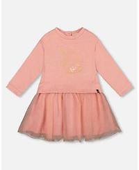 Deux par Girl Bi-Material Dress Dusty Pink with Mesh Skirt and Unicorn
