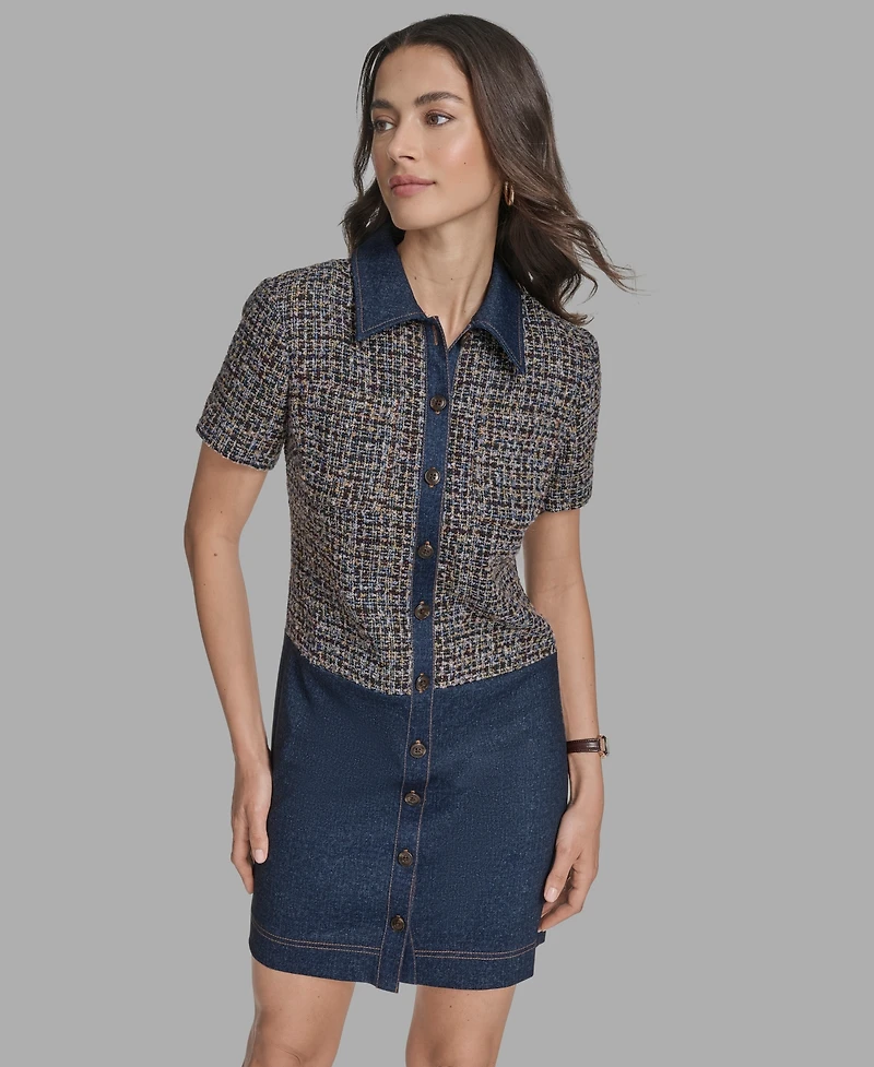 Bcbg Women's Short Sleeve Drop-Waist Tweed Denim Mini Dress