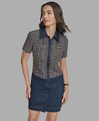 Bcbg Women's Short Sleeve Drop-Waist Tweed Denim Mini Dress