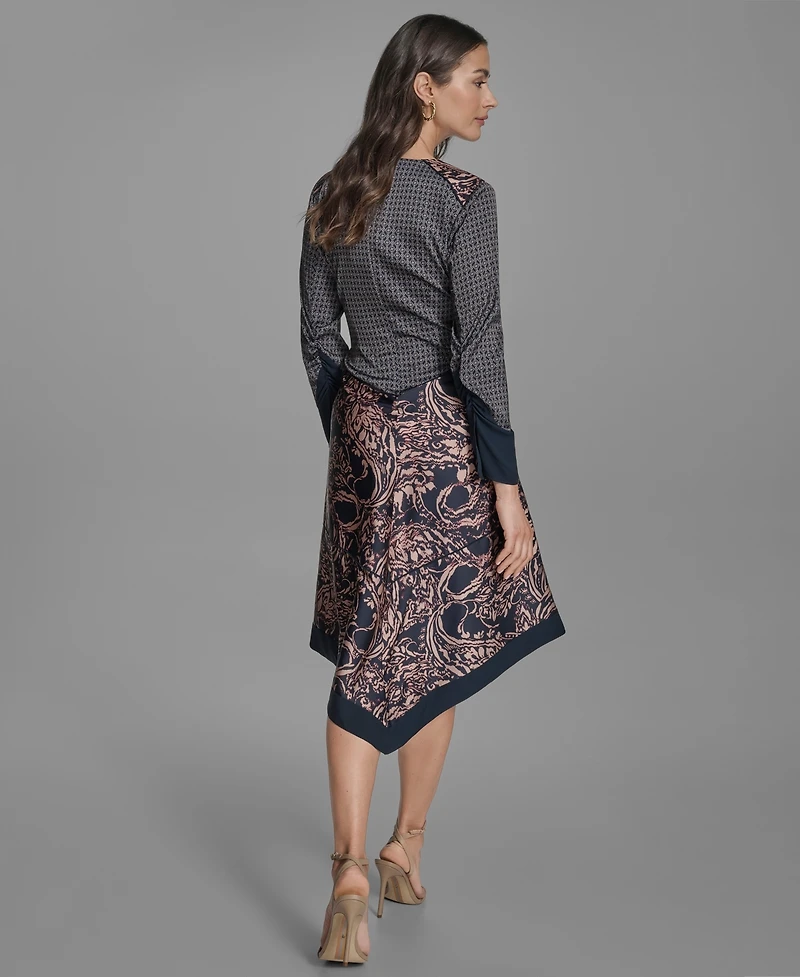 Bcbg Women's Long Sleeve Mix-Print V-Neck Dress