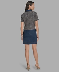 Bcbg Women's Short Sleeve Drop-Waist Tweed Denim Mini Dress