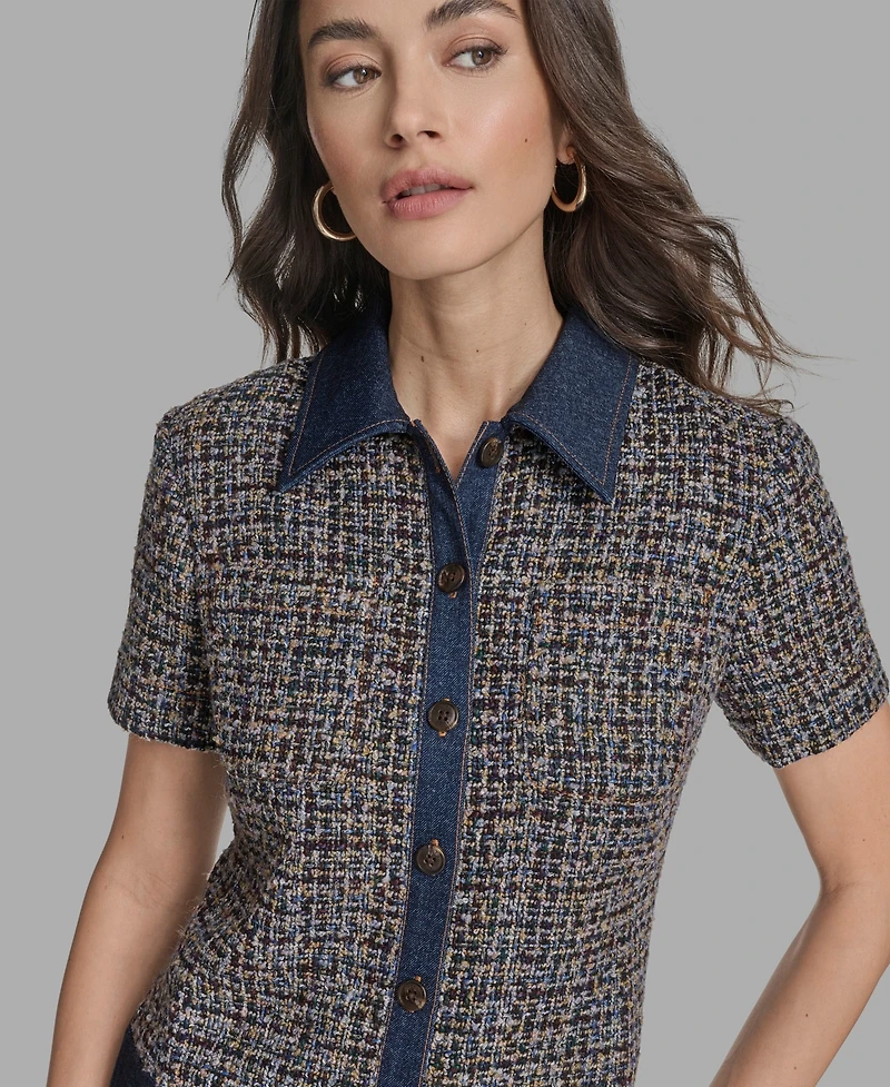 Bcbg Women's Short Sleeve Drop-Waist Tweed Denim Mini Dress