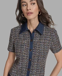 Bcbg Women's Short Sleeve Drop-Waist Tweed Denim Mini Dress