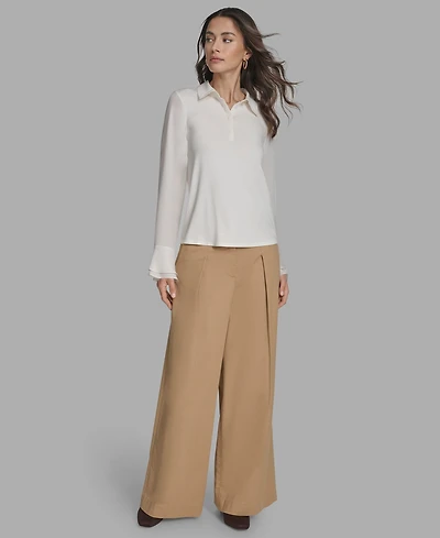 Bcbg Women's Long Sleeve Ruffle-Cuff Collared Top