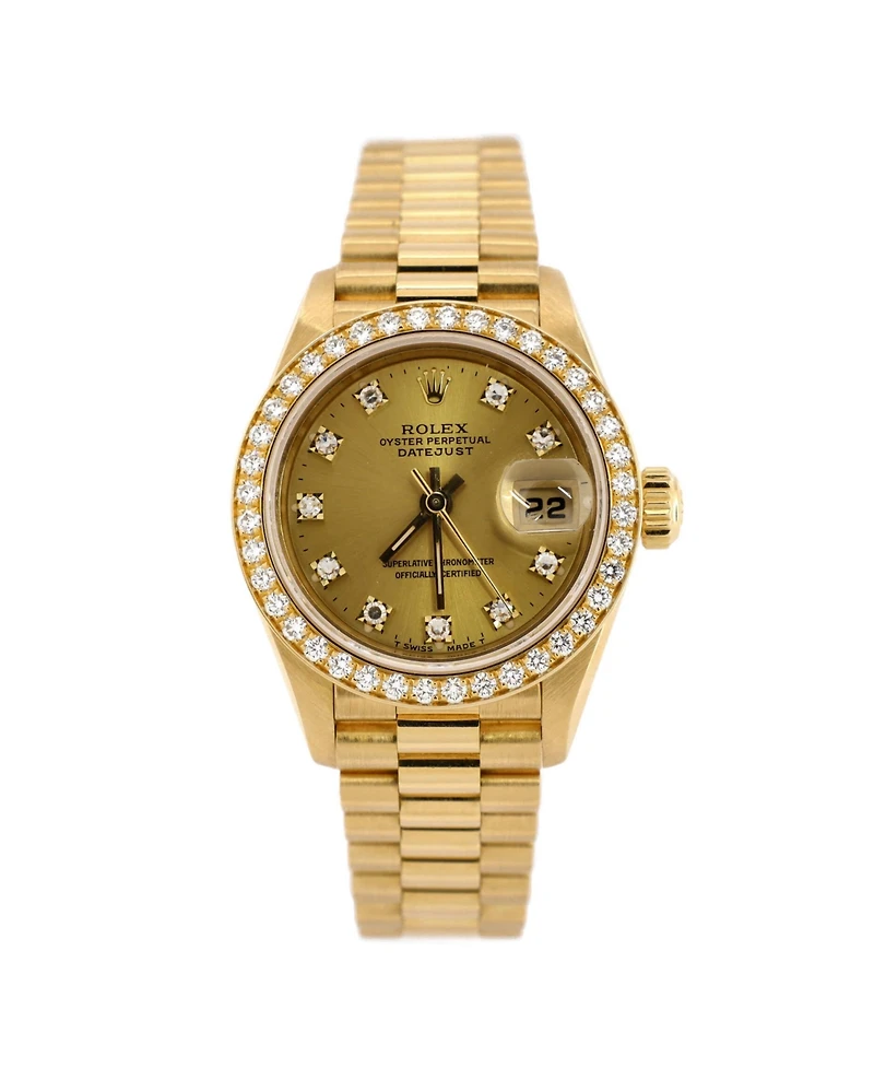 Pre-Owned Rolex Oyster Perpetual President Datejust Automatic Watch in Gold with Diamond Bezel and Markers 26mm