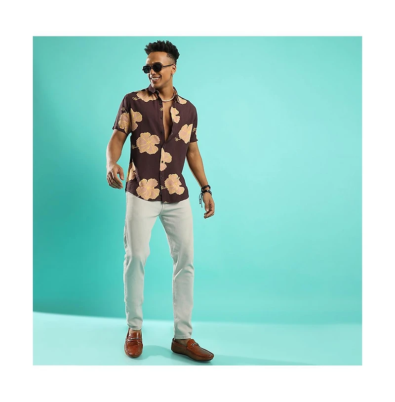 Campus Sutra Men's Brown Hibiscus Print Shirt