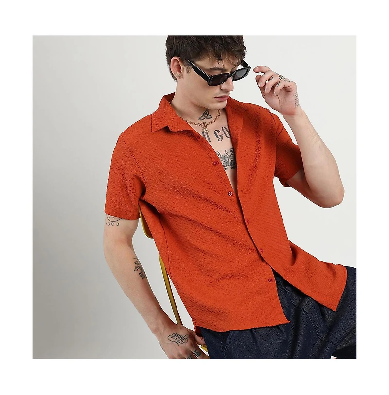 Campus Sutra Men's Red Ruched Regular Fit Casual Shirt