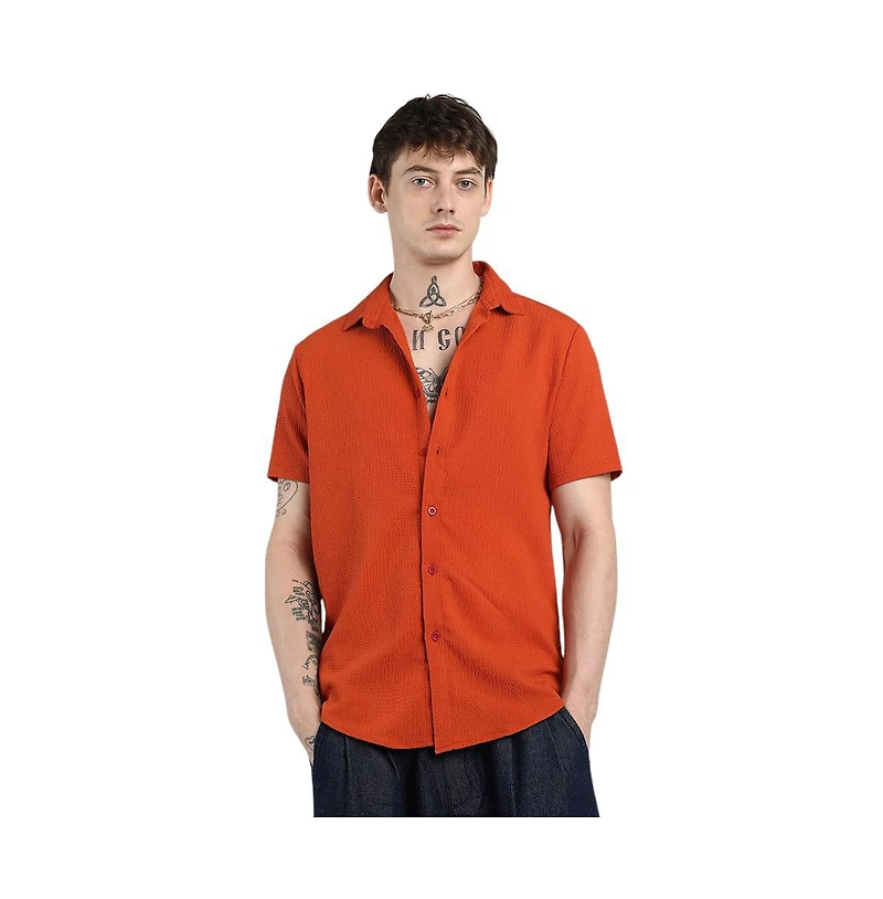 Campus Sutra Men's Red Ruched Regular Fit Casual Shirt