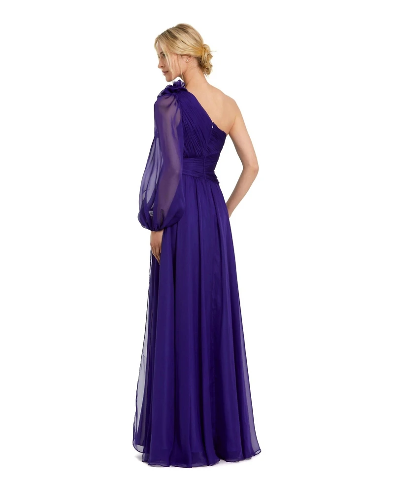 Mac Duggal Women's One Sleeve Ruched Chiffon Gown With 3D Flower
