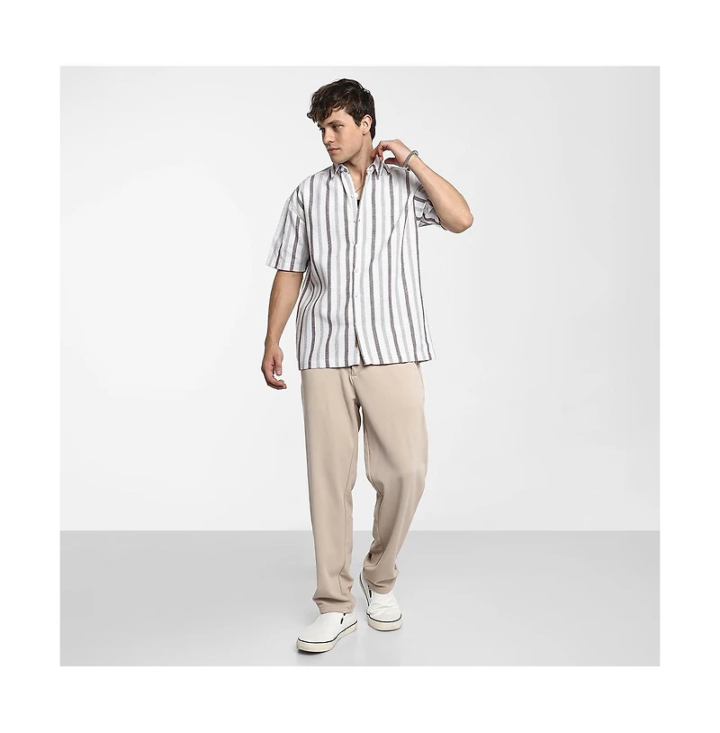 Campus Sutra Men's Ivory White & Burgundy Red Pencil-Striped Shirt