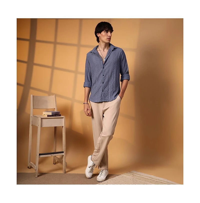 Campus Sutra Men's Stone Blue Aztec-Textured Shirt