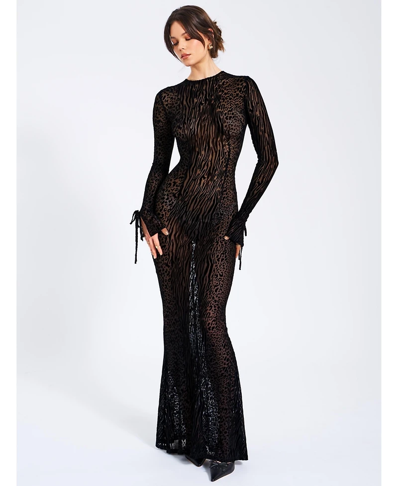 Miss Circle Women Waylynn Animal Print Burnout Velvet Detail Mesh Backless Maxi Dress