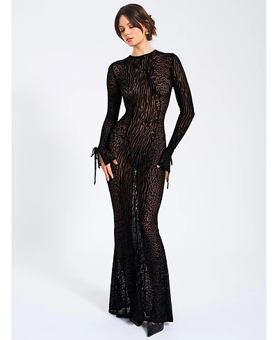 Miss Circle Women Waylynn Animal Print Burnout Velvet Detail Mesh Backless Maxi Dress