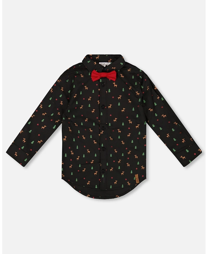 Deux par Big Boys Printed Poplin Shirt Black and Multicolor with Bow Tie