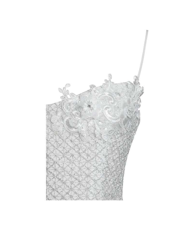 Miss Circle Women Fabiola Lace Trim Silver Net Top Mini Flare Chiffon Dress