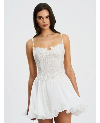 Miss Circle Women Fabiola Lace Trim Silver Net Top Mini Flare Chiffon Dress