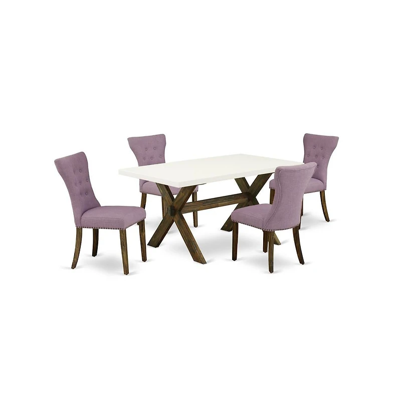 East West Furniture 5-Pc Dining Room Set- 4 Parson Dining Chairs with Dahlia Linen Fabric Seat and Button Tufted Chair Back