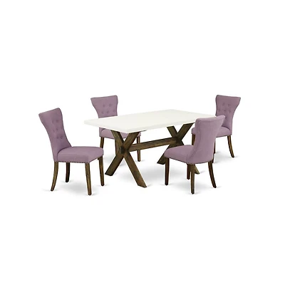 East West Furniture 5-Pc Dining Room Set- 4 Parson Dining Chairs with Dahlia Linen Fabric Seat and Button Tufted Chair Back