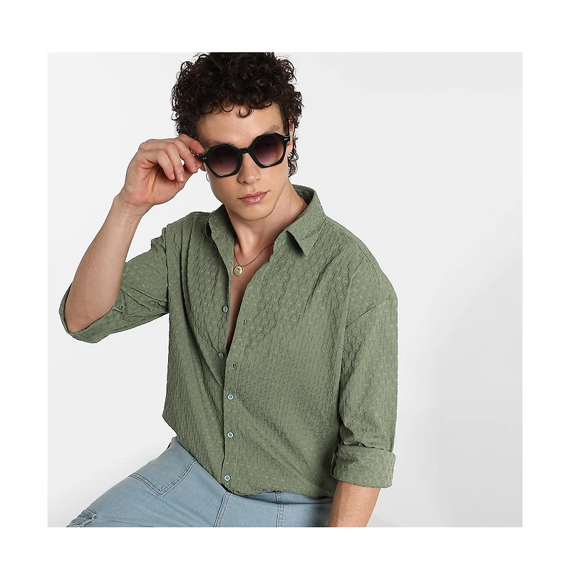 Campus Sutra Men's Fern Green Honeycomb-Textured Oversized Shirt
