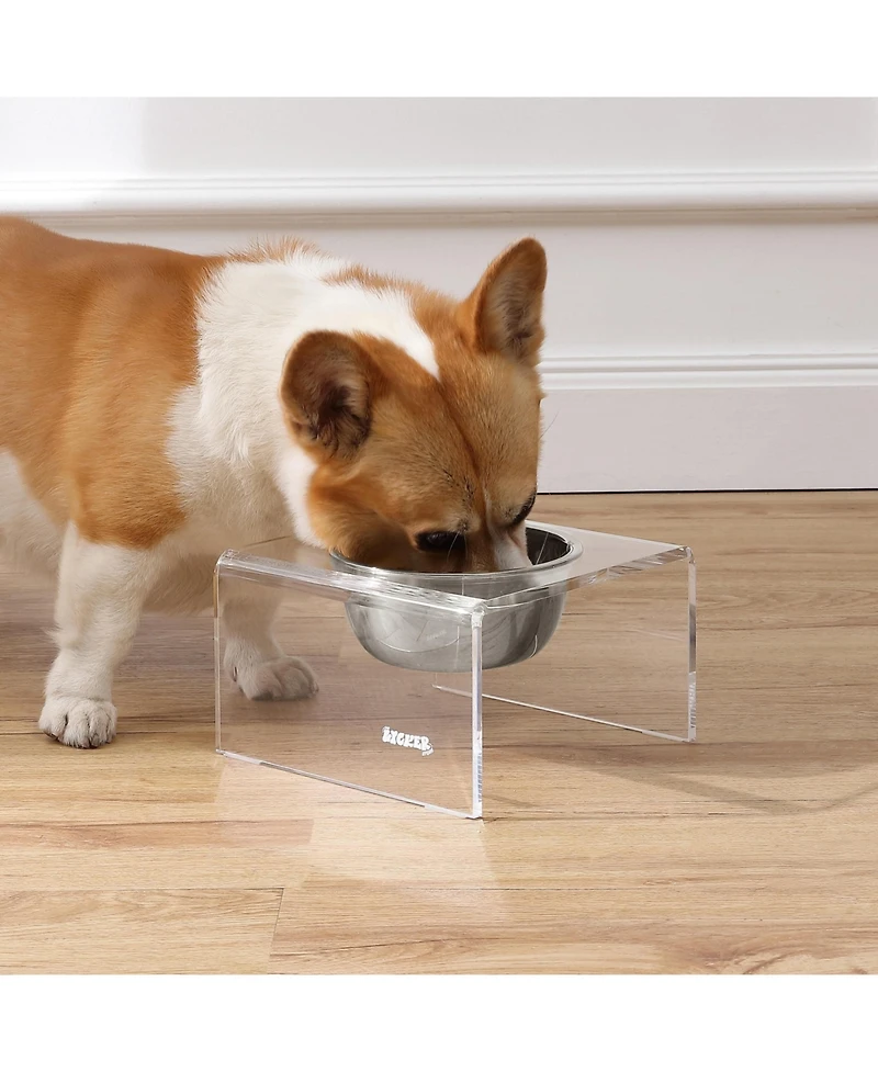 The Licker Store Keaton Modern Acrylic Rectangular Elevated Pet Feeder with 2-Stainless Steel Bowls