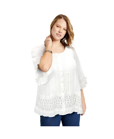 June + Vie Women's Plus Size Lace-Trimmed Boho Blouse