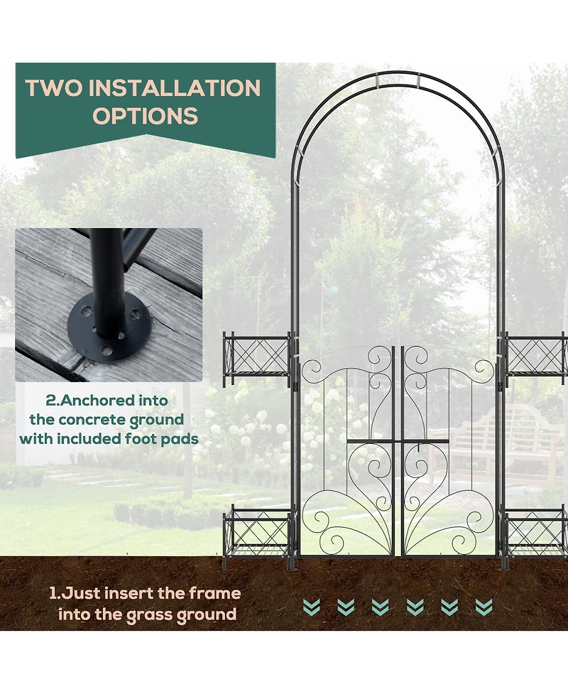 Outsunny Garden Gate Arbor Wedding Arch with Heart Doors Planters,