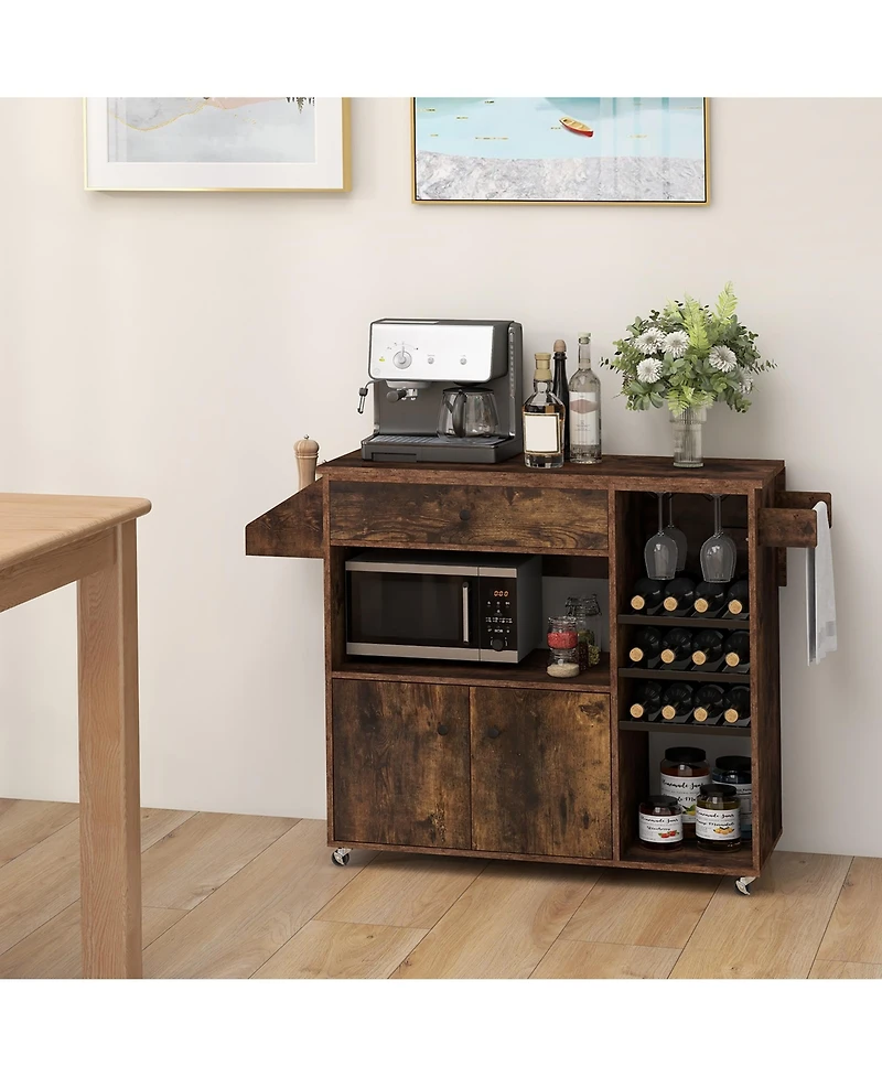 Gymax Kitchen Island Cart w/ Drop-Leaf & Power Outlet Microwave Shelf Wine Rack Drawer
