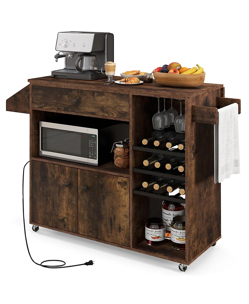Gymax Kitchen Island Cart w/ Drop-Leaf & Power Outlet Microwave Shelf Wine Rack Drawer