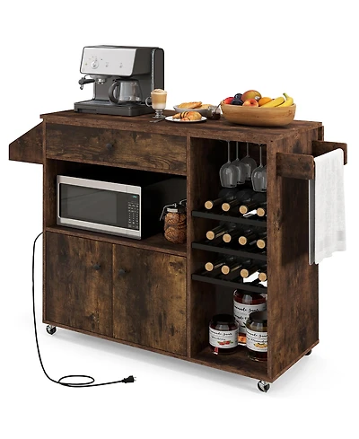 Gymax Kitchen Island Cart w/ Drop-Leaf & Power Outlet Microwave Shelf Wine Rack Drawer