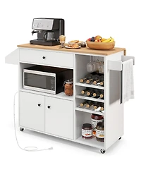 Gymax Kitchen Island Cart w/ Drop-Leaf & Power Outlet Microwave Shelf Wine Rack Drawer