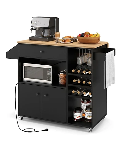 Gymax Kitchen Island Cart w/ Drop-Leaf & Power Outlet Microwave Shelf Wine Rack Drawer