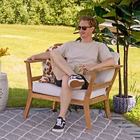 Bodie Acacia Wood Patio Armchair with Bone White Cushions