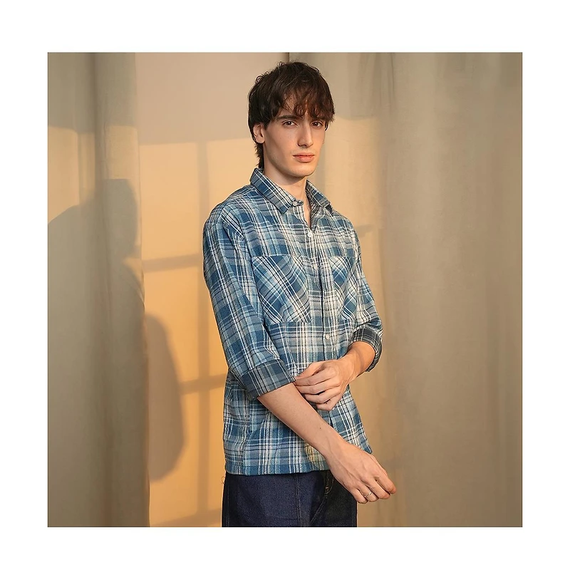 Campus Sutra Men's Steel Blue Tartan Plaid Shirt