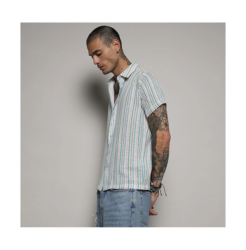 Campus Sutra Men's Pink & Green Unbalanced Striped Woven Shirt