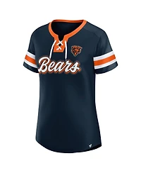 Fanatics Women's Navy Chicago Bears True Catch Iconic Rhinestone Bling Athena Lace-Up T-Shirt