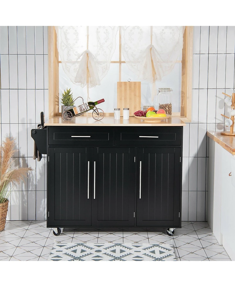 Gymax Kitchen Island Trolley Cart Wood Top Rolling Storage Cabinet w/Knife Block