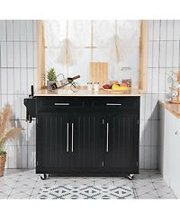 Gymax Kitchen Island Trolley Cart Wood Top Rolling Storage Cabinet w/Knife Block
