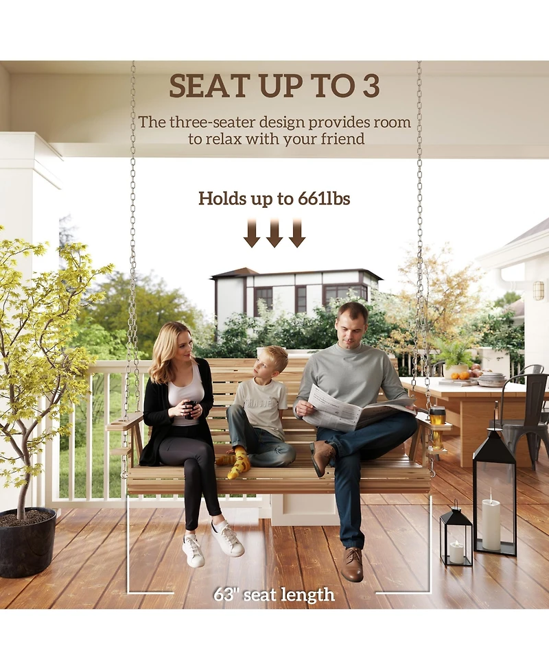 Outsunny 5 Ft Wooden Porch Swing 3-Seater with Cupholders,