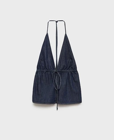 Mango Women's V-Neck Tie Denim Top