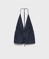 Mango Women's V-Neck Tie Denim Top