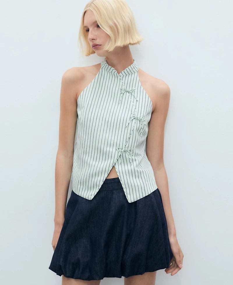 Mango Women's Strap Neckline and Laces Striped Top